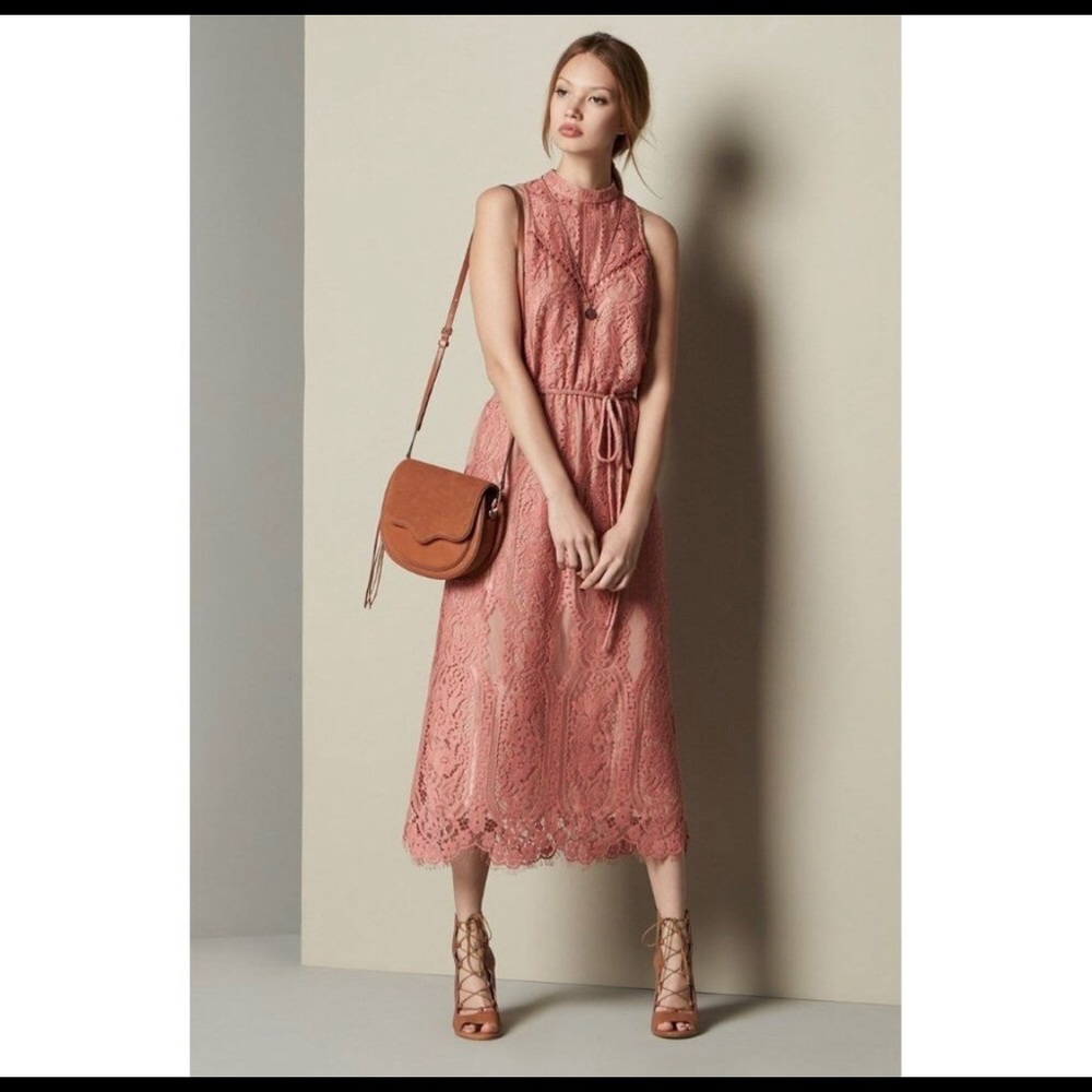 WAYF Dusty Rose Portrait Lace Nude Illusion Sleeveless Midi Dress sz XS Women's